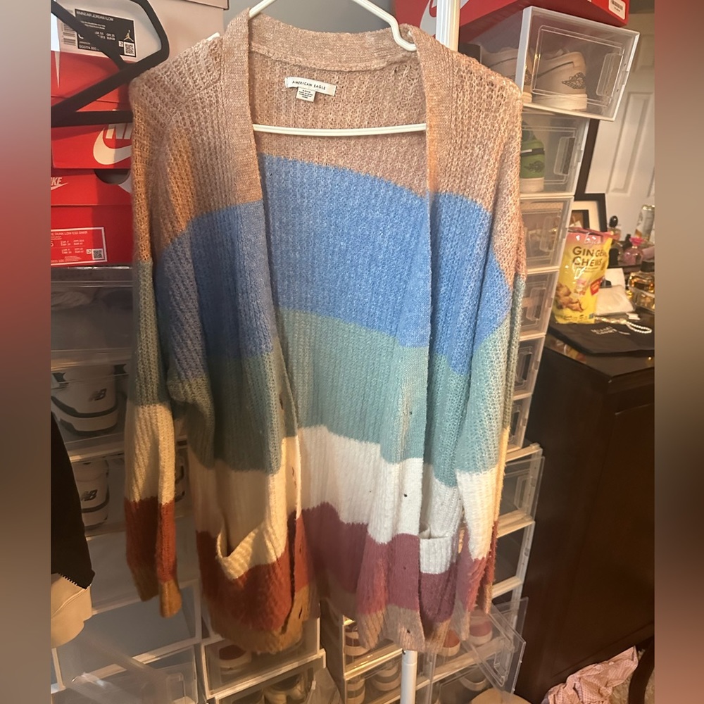 Colour block long AEO cardigan.
